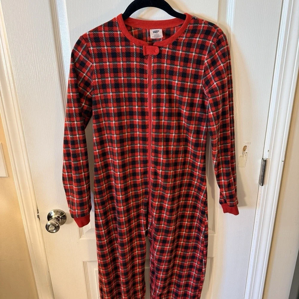 Lands‎ End Footie Pajamas Zip Up Red Plaid Fleece Size 14